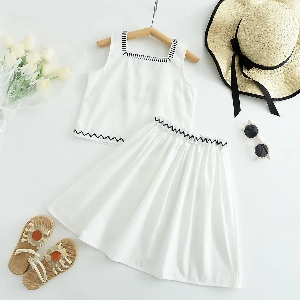 White sleeveless top and skirt set with hat and sandals