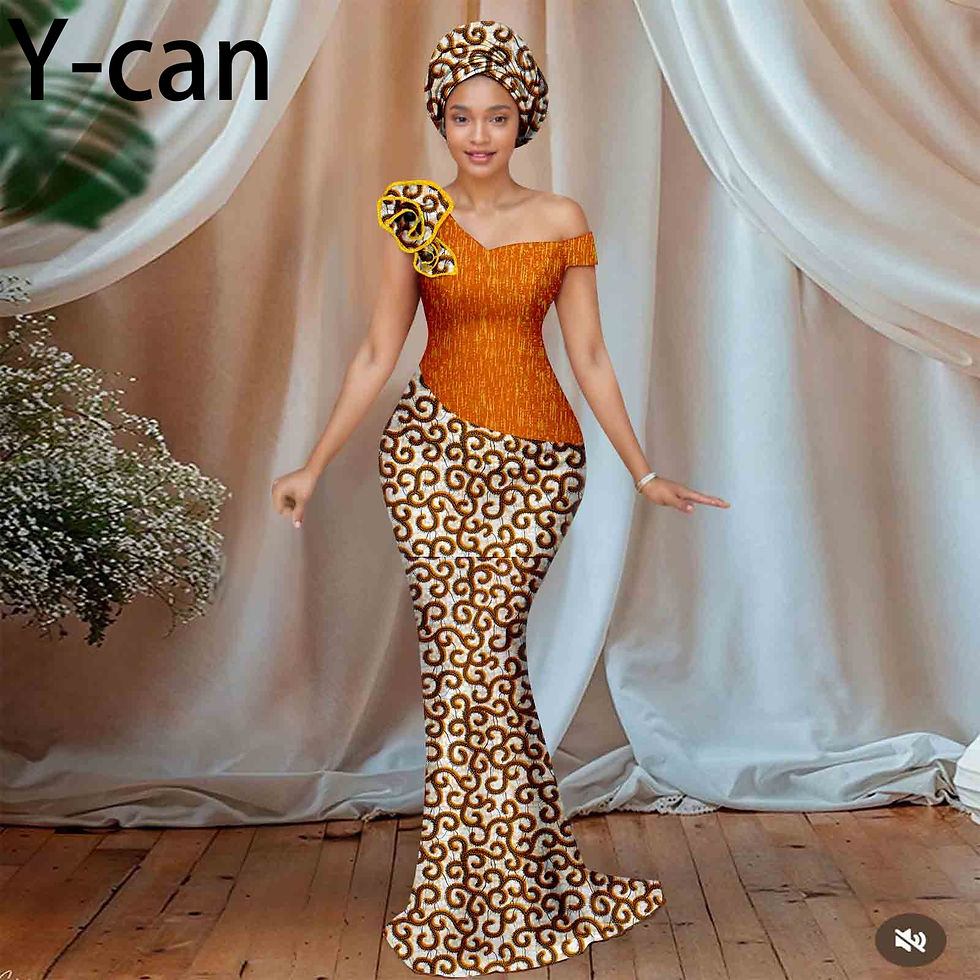 Thumbnail: Woman in slanted shoulder Ankara flower gown and headscarf