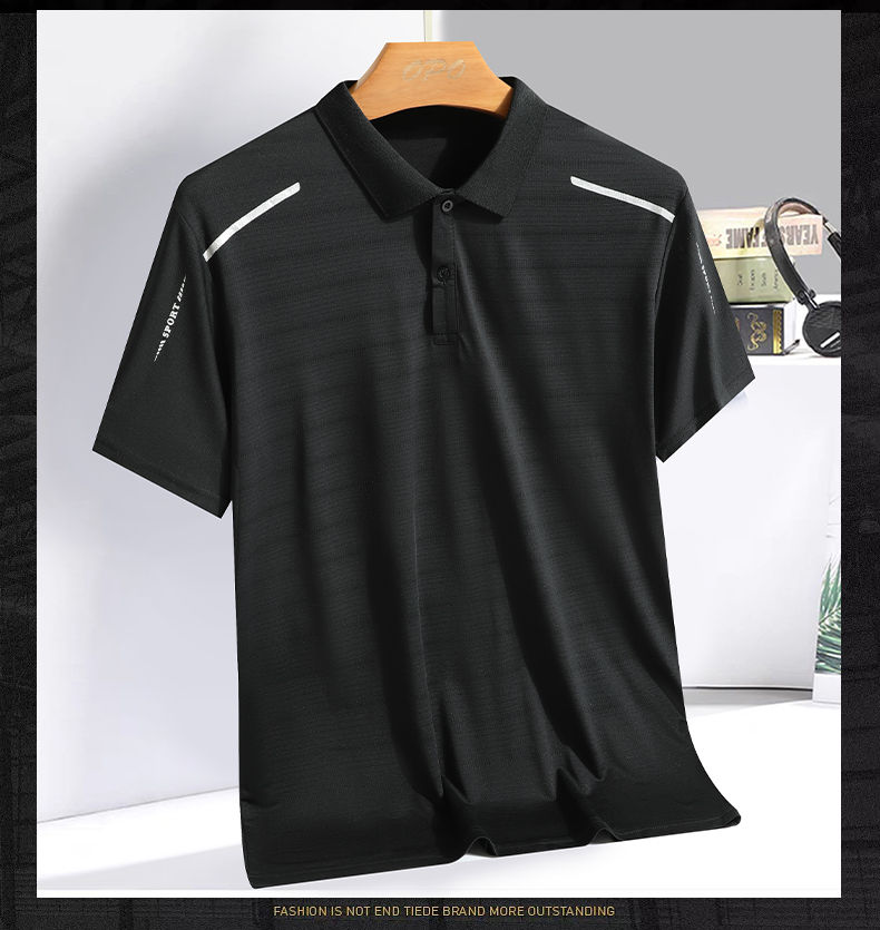 Thumbnail: Black short-sleeved ice silk sports polo shirt on a hanger.