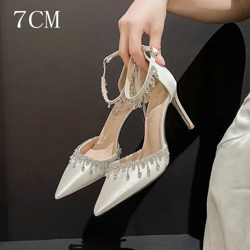 Thumbnail: White satin bridesmaid shoes with rhinestone fringe and 7cm heel