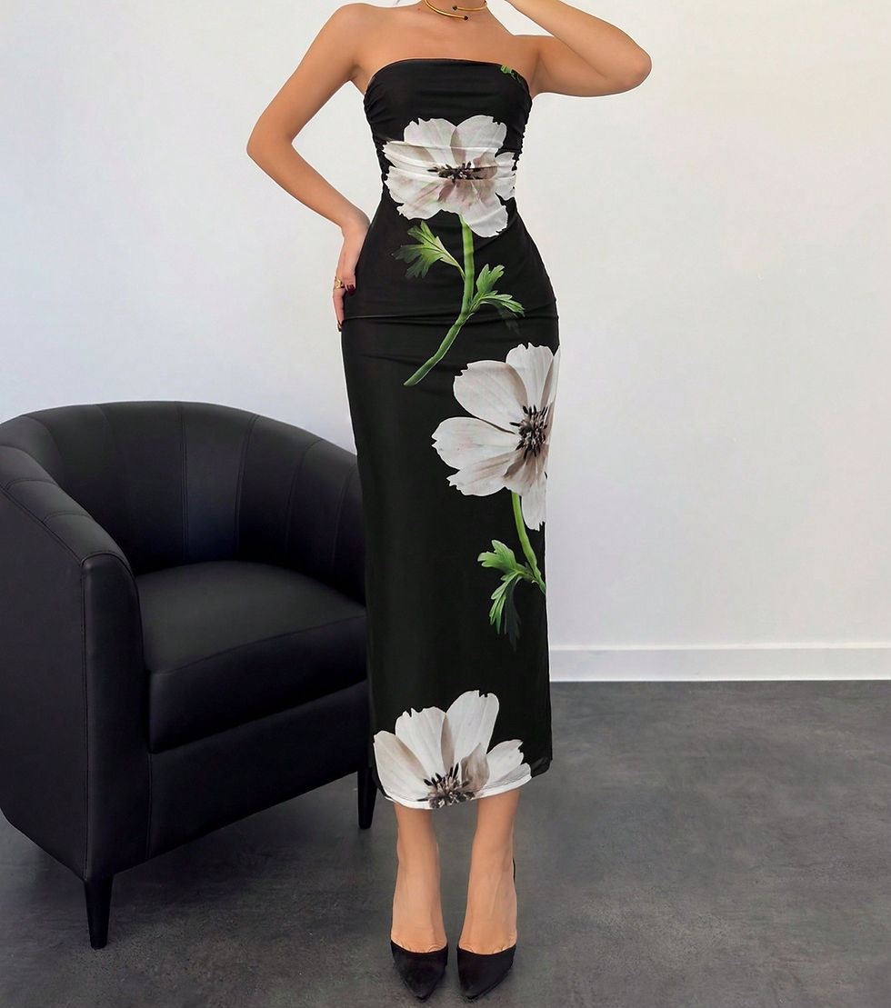 Thumbnail: Woman wearing a black strapless dress with large white flowers
