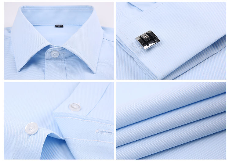Thumbnail: Close-up details of a light blue French cuff tuxedo shirt.