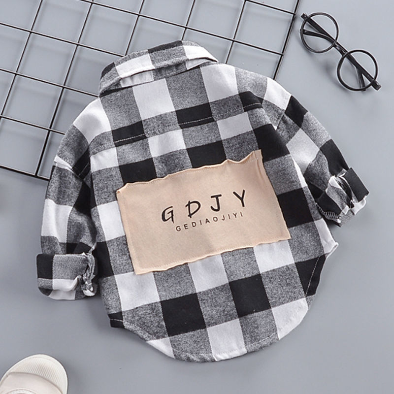 Thumbnail: Black and white plaid baby cotton shirt with GDJY patch