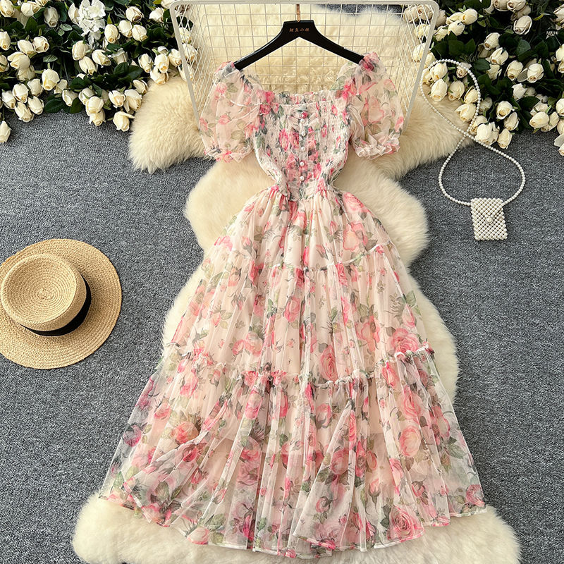 Thumbnail: Vintage French mesh dress with pink floral pattern