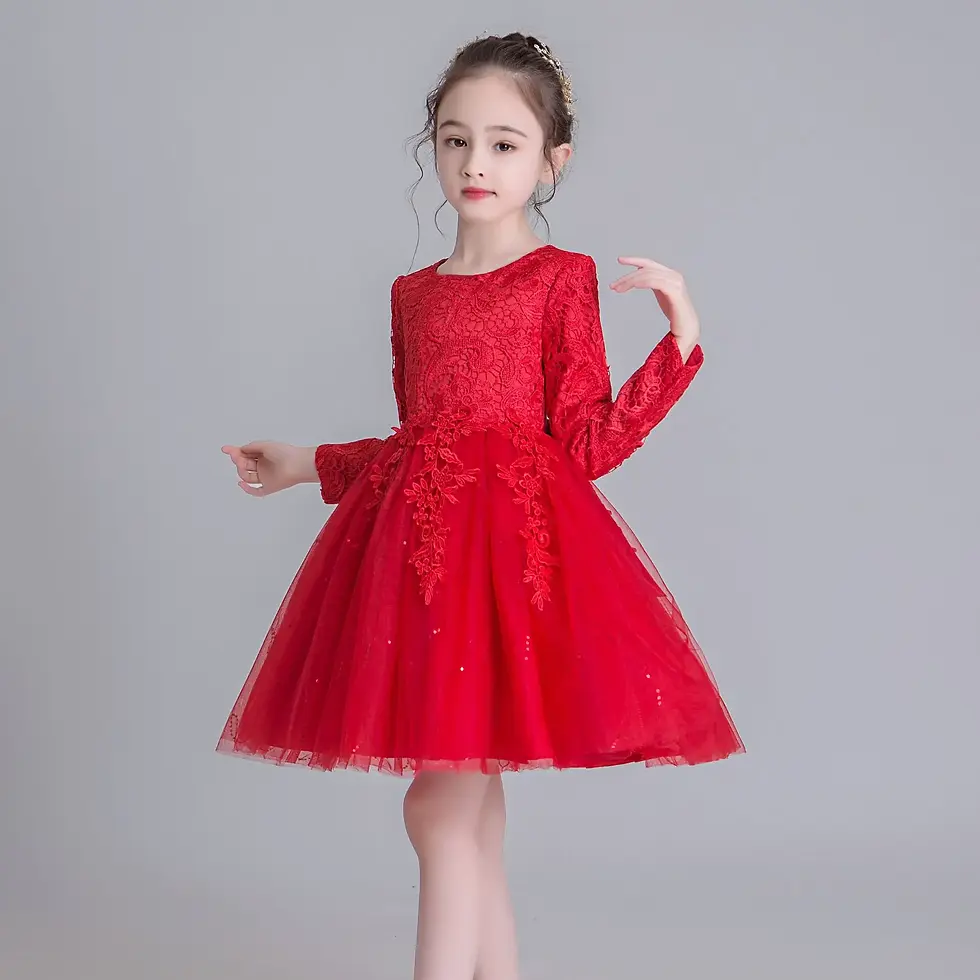 Thumbnail: Girl in a red lace long sleeve flower girl dress.