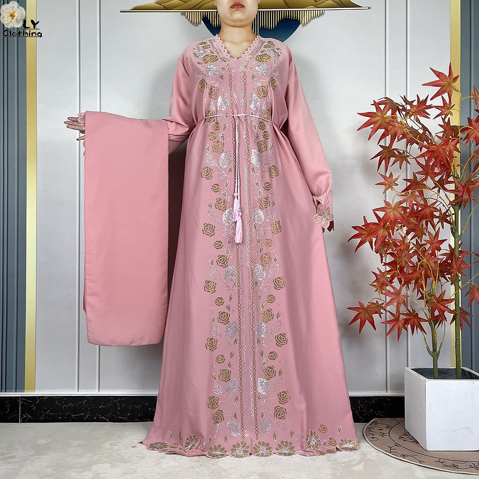 Thumbnail: Pink chiffon diamond elegant long sleeve Muslim dress