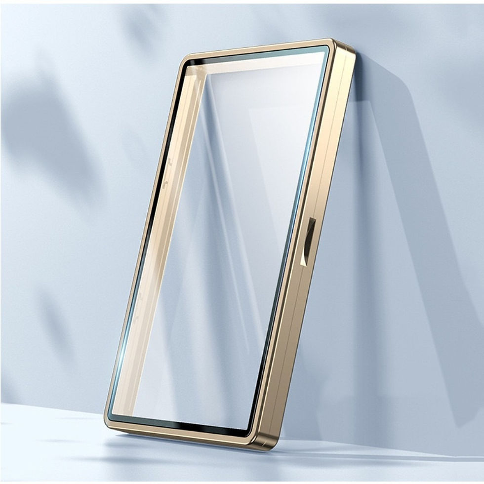 Thumbnail: Gold aluminum magnetic trading card holder leaning on a wall.