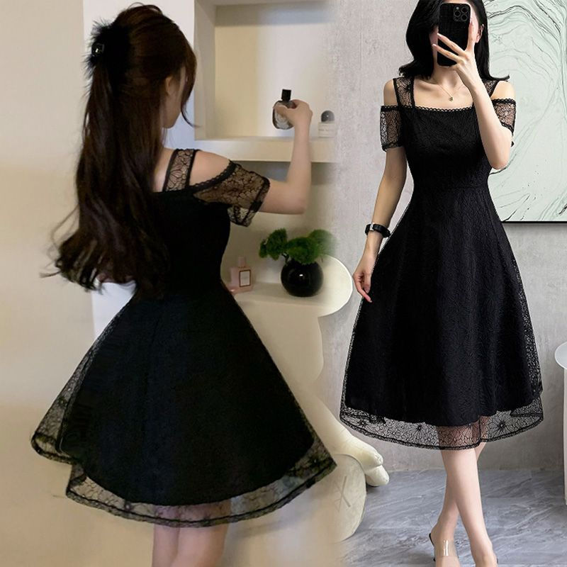Thumbnail: Black chiffon Korean fashion dress with mesh sleeves