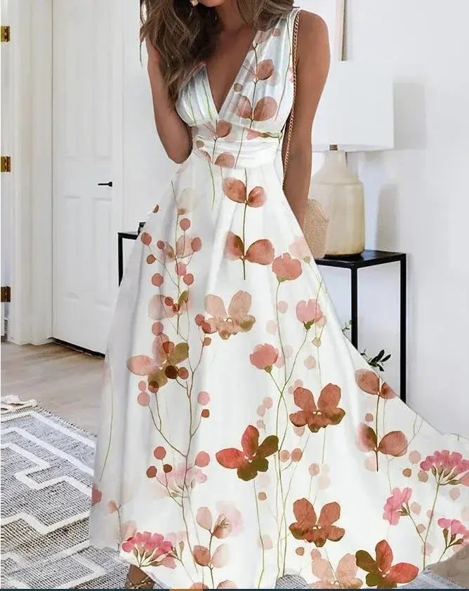 Thumbnail: Sleeveless V-neck floral high waist maxi dress