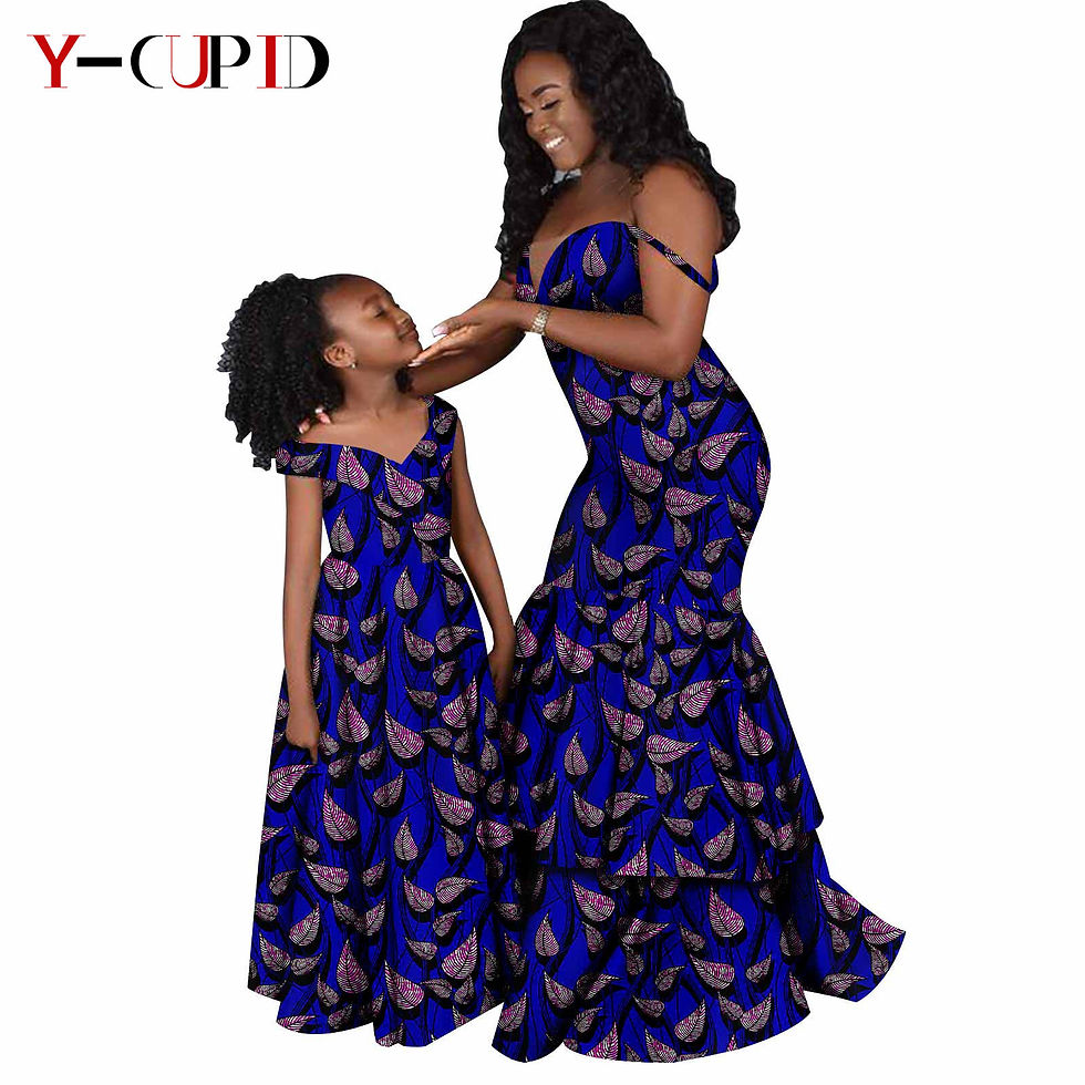 Mother and daughter in matching blue Dashiki print dresses