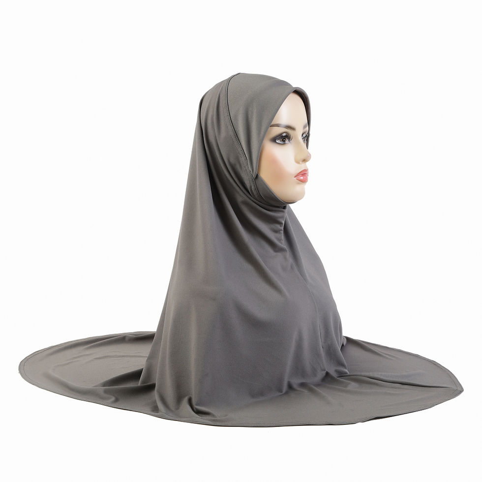 Thumbnail: Grey H305 XL Amira hijab with chin part on mannequin