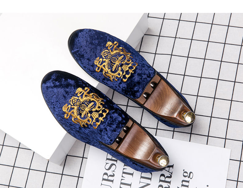 Thumbnail: Blue velvet loafers with gold embroidered crest for men