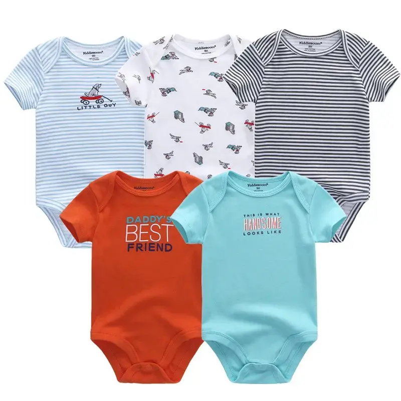 Thumbnail: Five baby rompers with different designs. 5pcs/Lot Unisex Top Quality Baby Rompers Short Sleeve Cotton O-Neck 0-12m.