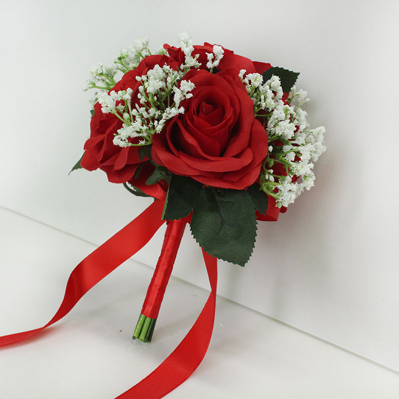 Thumbnail: Red silk roses and white babysbreath wedding bouquet