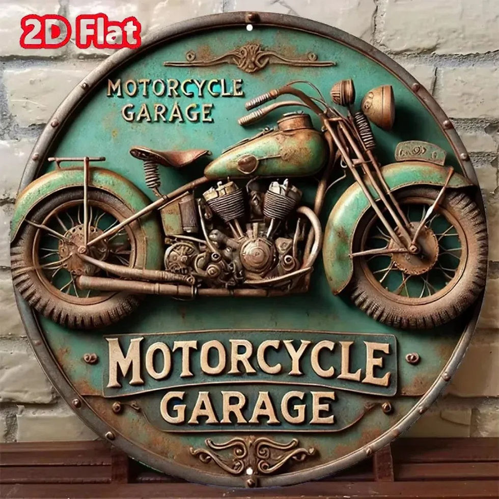 Thumbnail: Round vintage motorcycle garage metal sign with rustic design