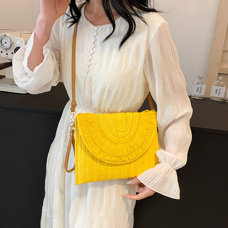 Thumbnail: Yellow handmade weave clutch bag with shoulder strap