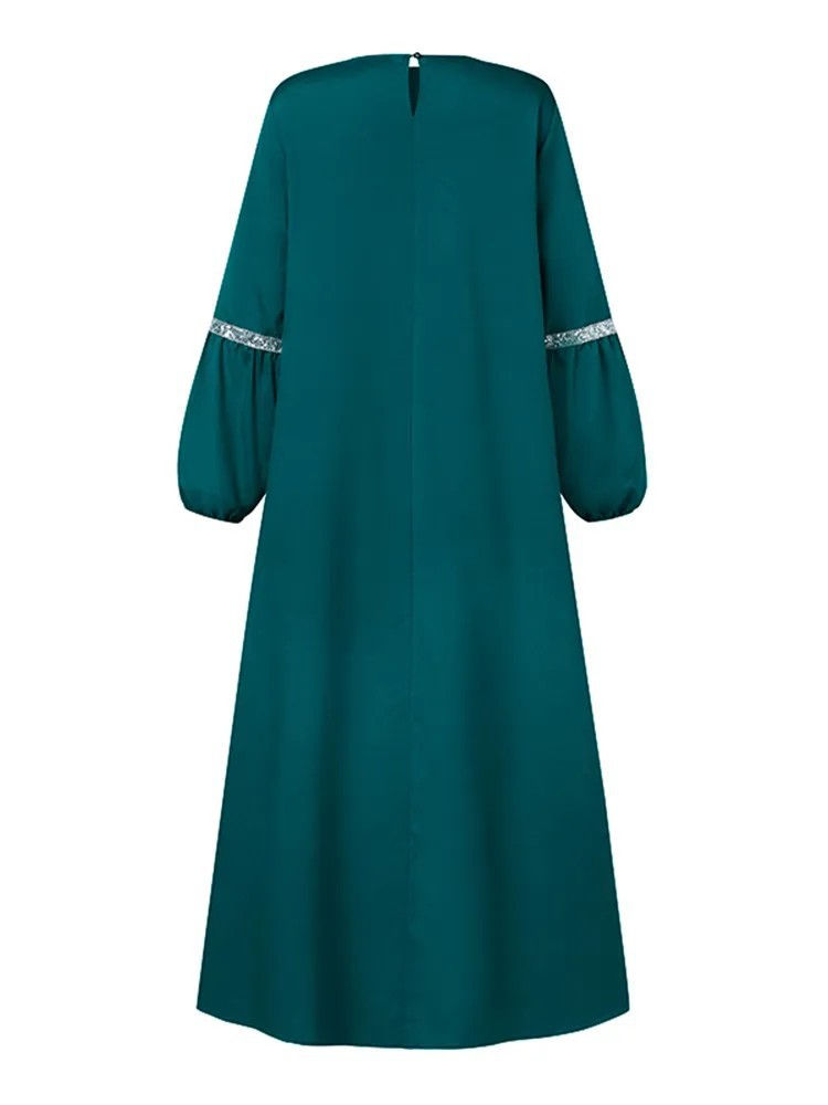 Thumbnail: Teal long-sleeved Dubai abaya dress with silver lace trim
