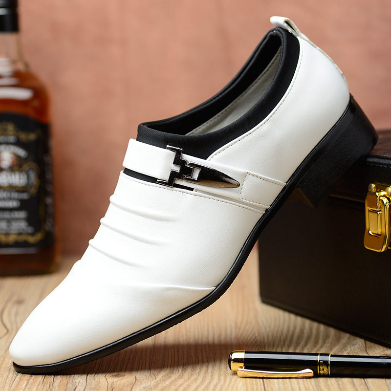 Thumbnail: White luxury slip-on pointed toe leather dress shoe