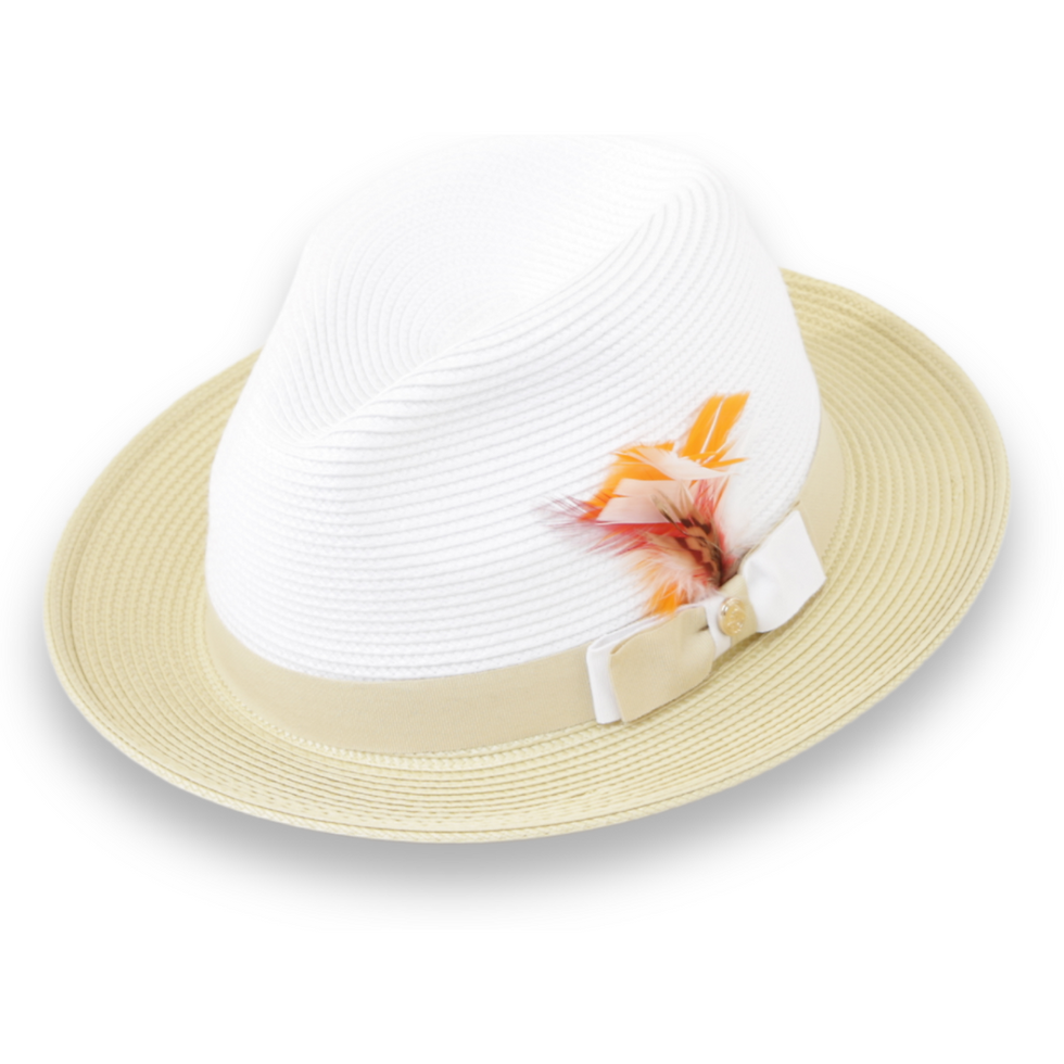 A stylish white hat with feather detailing and a beige brim, isolated.