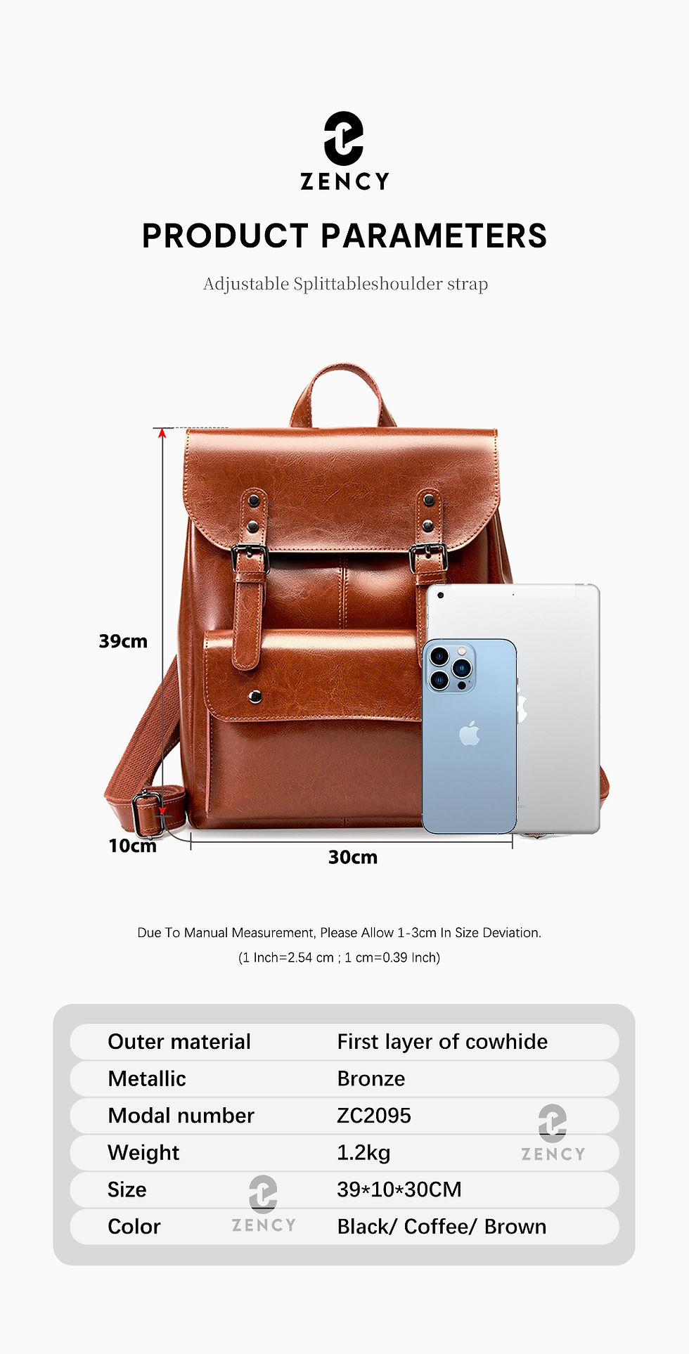 Thumbnail: Zency leather backpack dimensions: 31cm height, 30cm width.