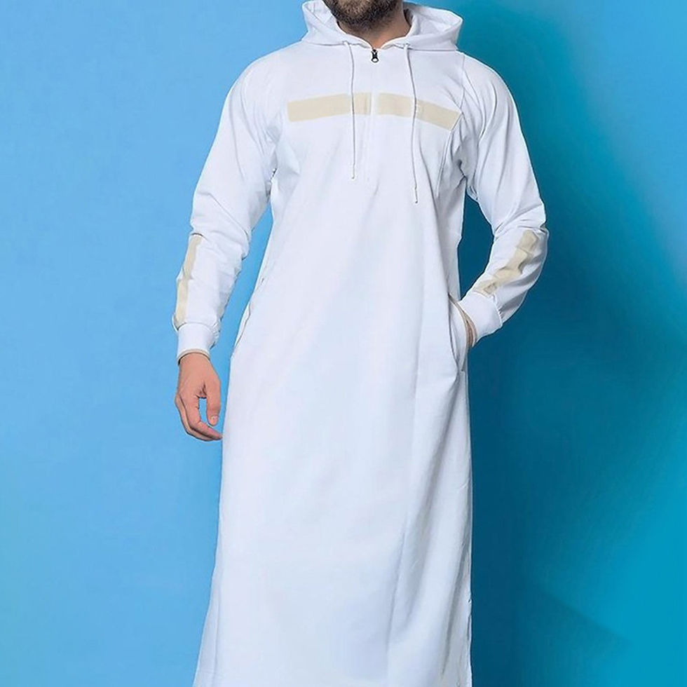 Men's white hooded thobe with long sleeves and gold detail.