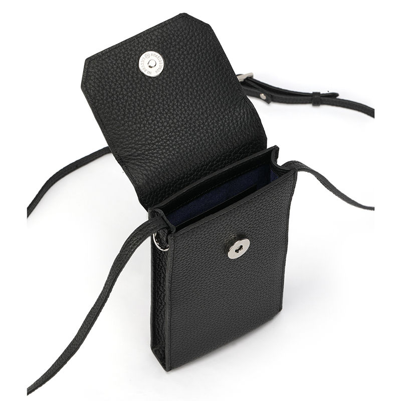 Thumbnail: Black pebble leather crossbody pouch for men with open flap