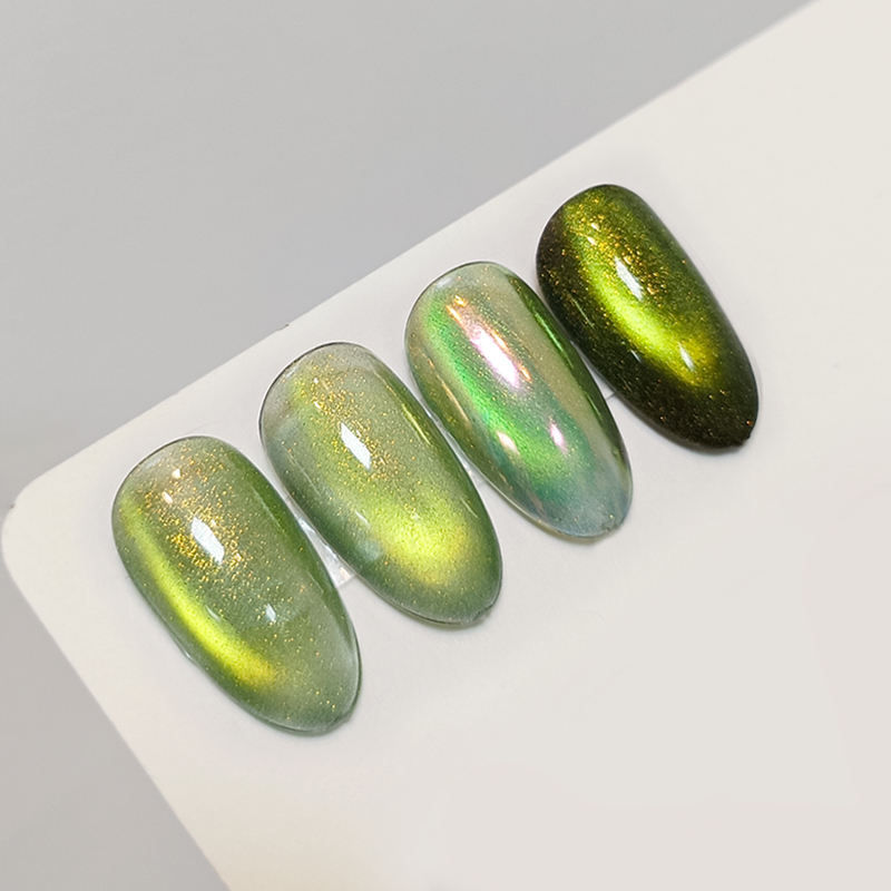 Four green iridescent cat-eye nail polish samples