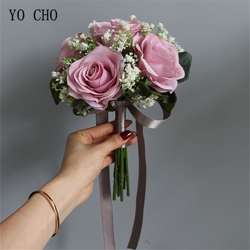 Silk pink rose and babysbreath bouquet by YO CHO