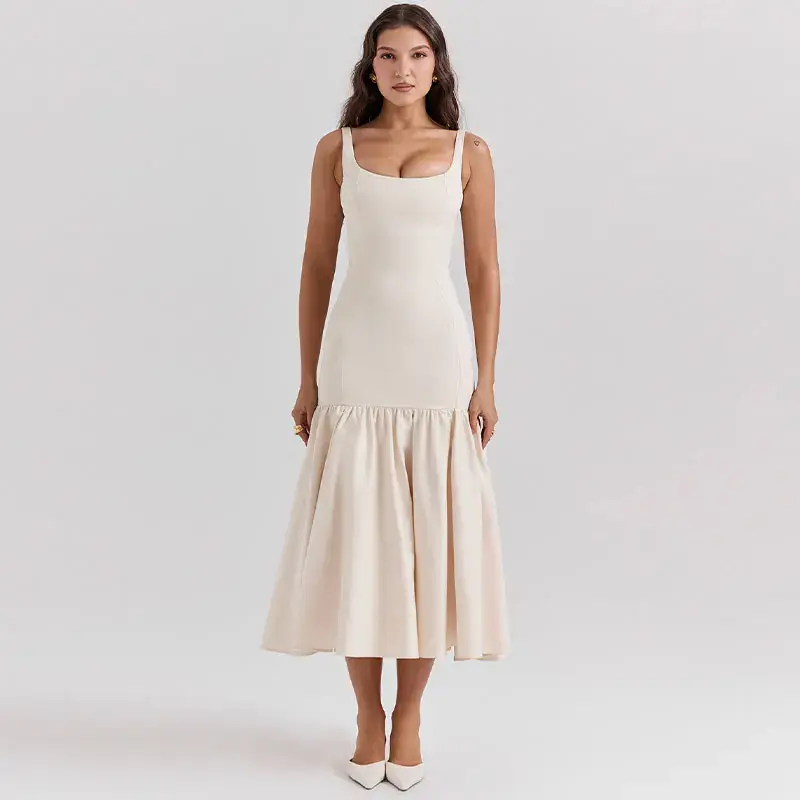 Thumbnail: Woman in a white ruffles suspenders dress with square collar.