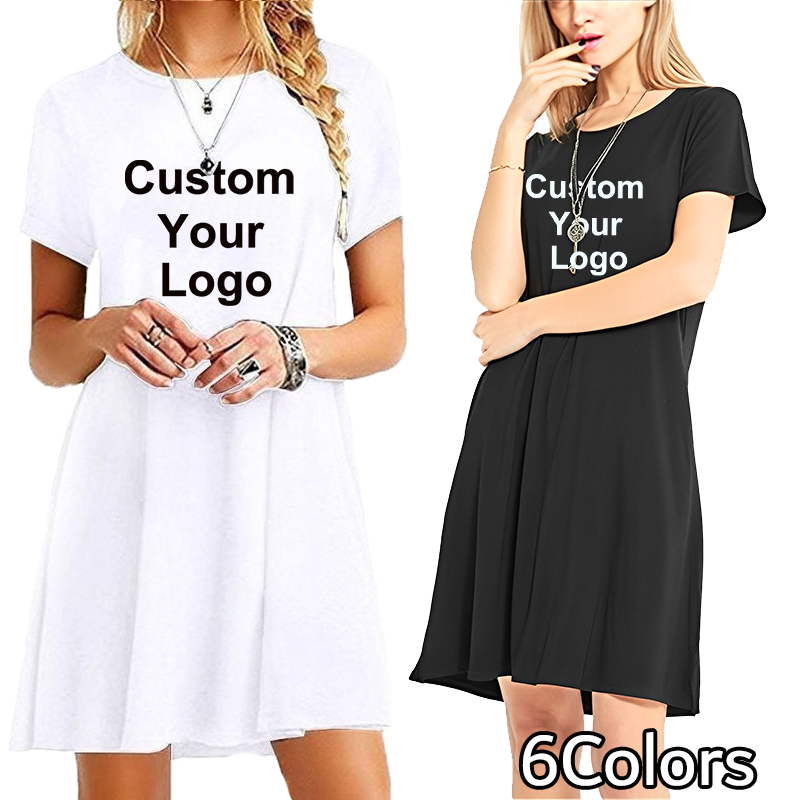 Custom logo round neck t-shirt dresses in white and black