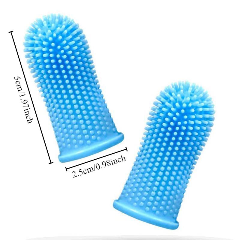 Thumbnail: Blue silicone finger toothbrushes with dimensions shown.
