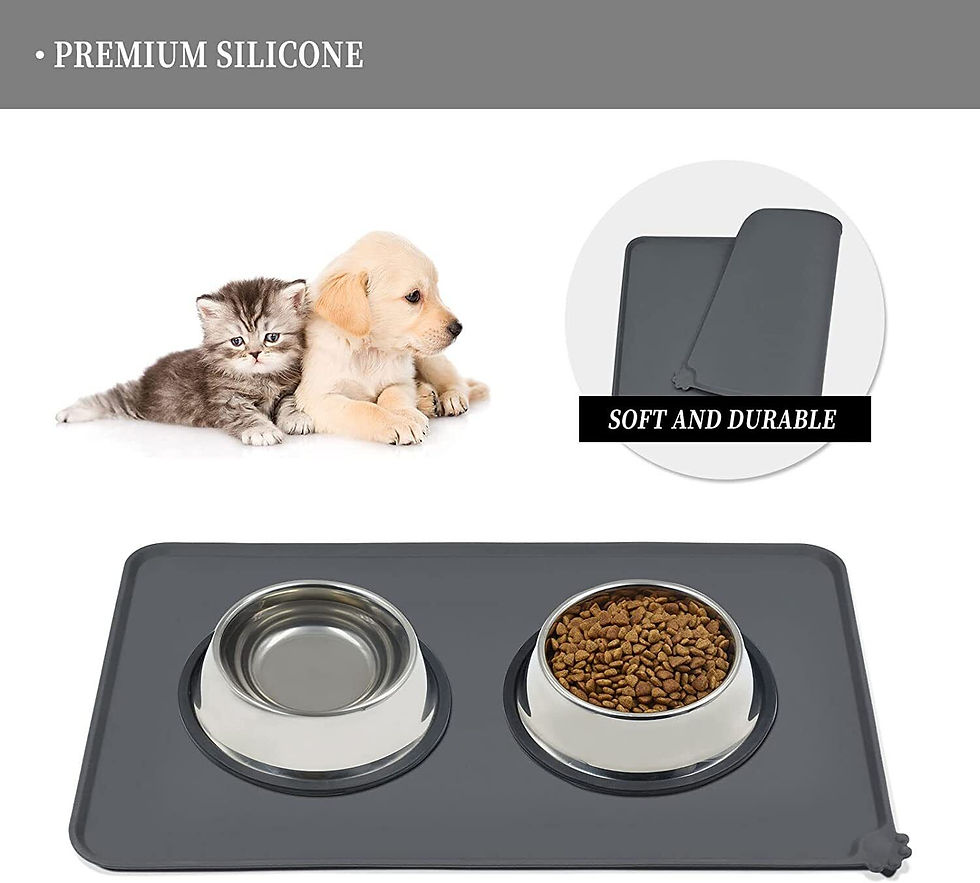Thumbnail: Gray silicone pet feeding mat with water and food bowls.