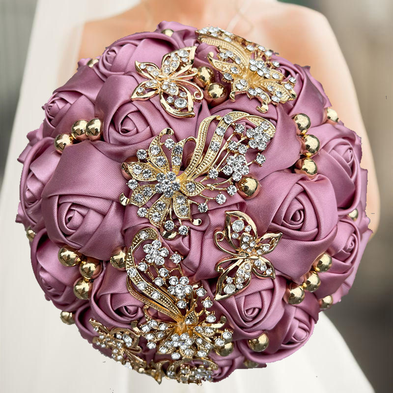 Thumbnail: Pink silk rose bridal bouquet with rhinestones