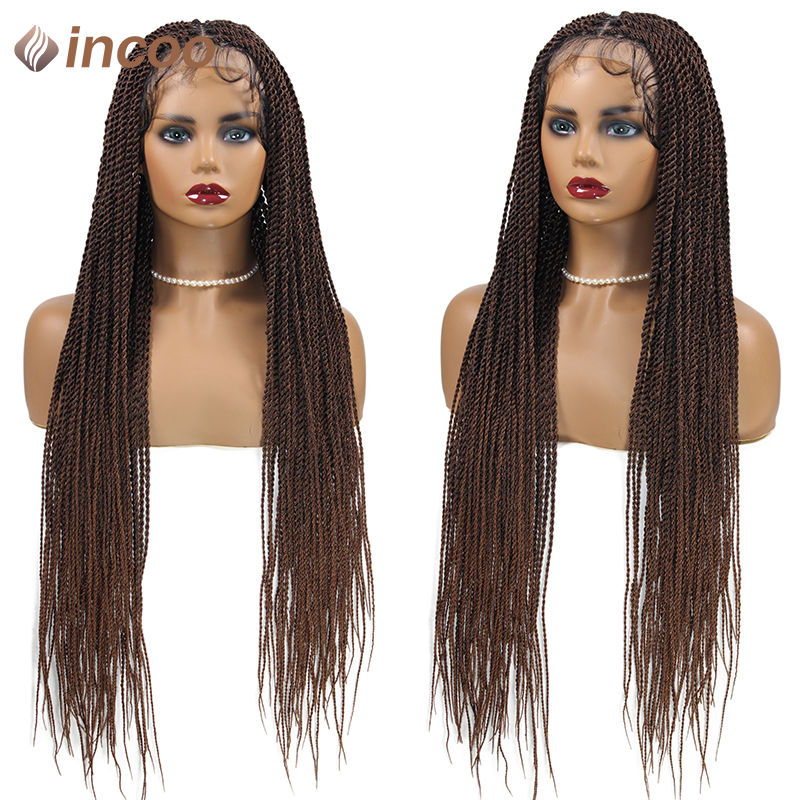 Thumbnail: Long brown micro braided wig on two mannequins