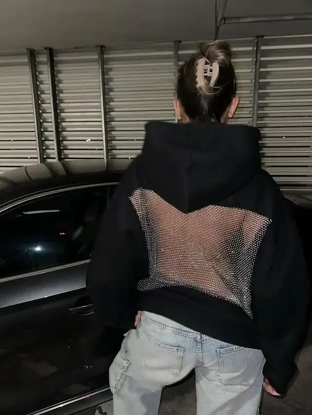 Thumbnail: Backless sparkling rhinestone mesh hoodie Y2K style