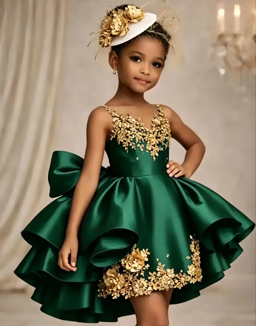 Thumbnail: Sleeveless emerald satin flower girl dress with gold lace.