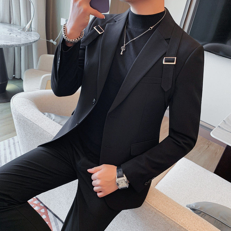 Slim fit suit jacket with strap decoration for men.
