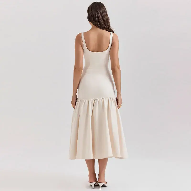 Thumbnail: Back view of a woman in a white ruffles suspenders dress