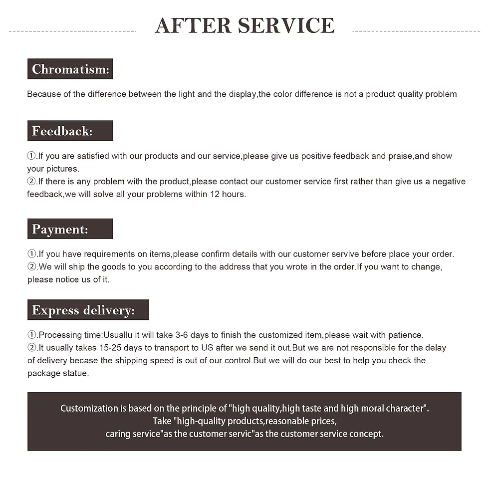 Thumbnail: After service info for African women's dress orders regarding shipping and returns.