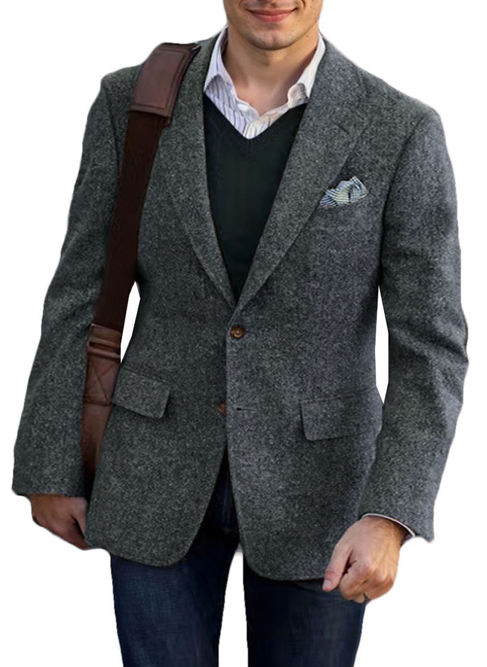 Thumbnail: Vintage grey tweed suit jacket with brown leather strap