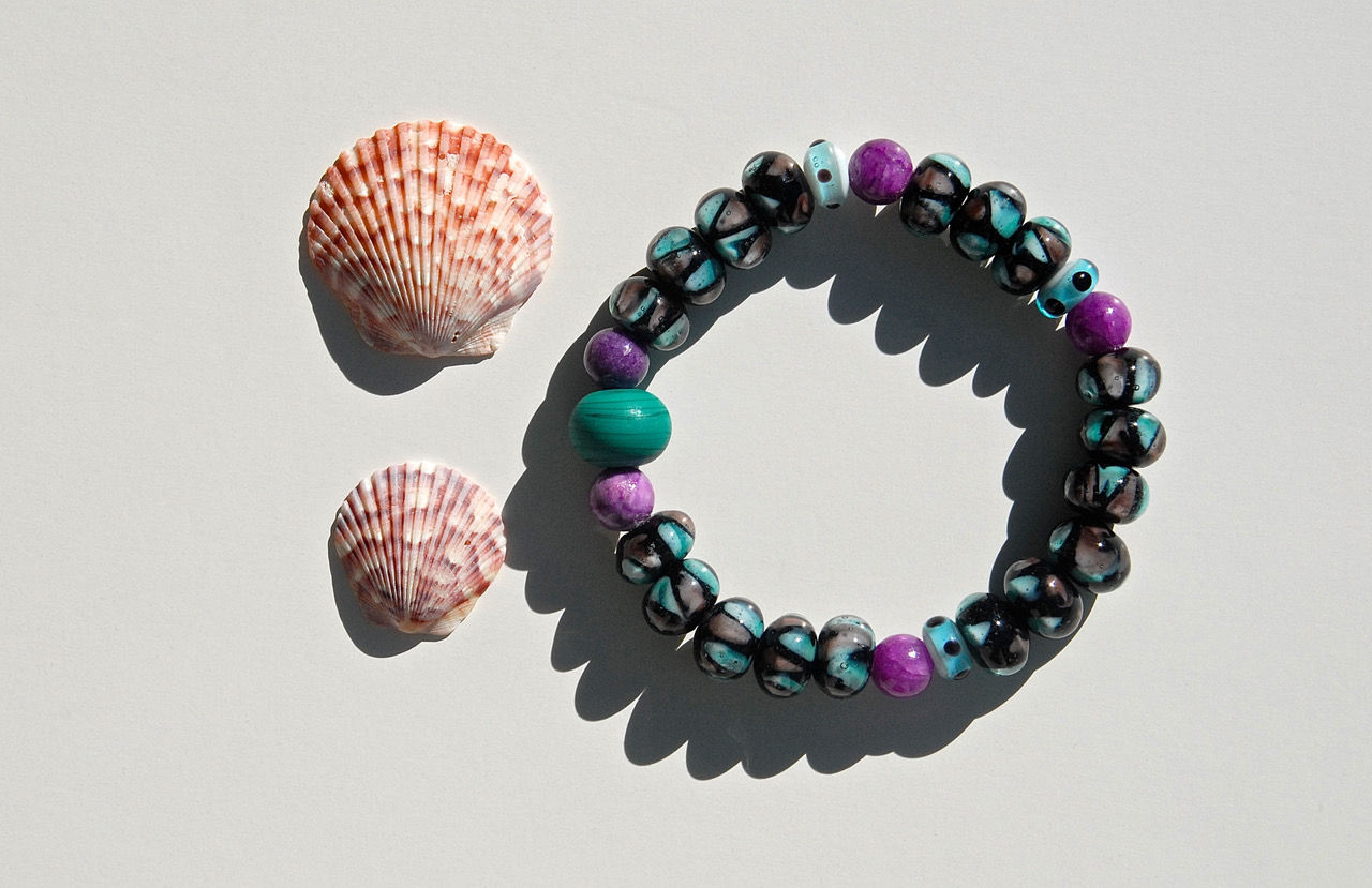 Aqua and Purple Glass Beaded Bracelet