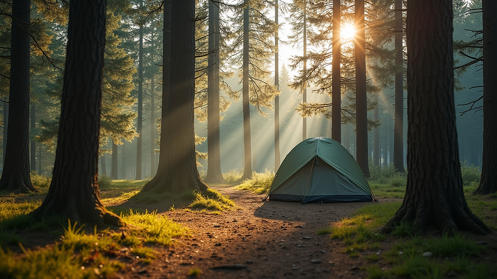 Wide angle view of a serene campsite surrounded by trees
