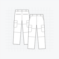Technical vector mockup of cargo pants showing front and back views with detailed stitching, pocket placement, and panel line