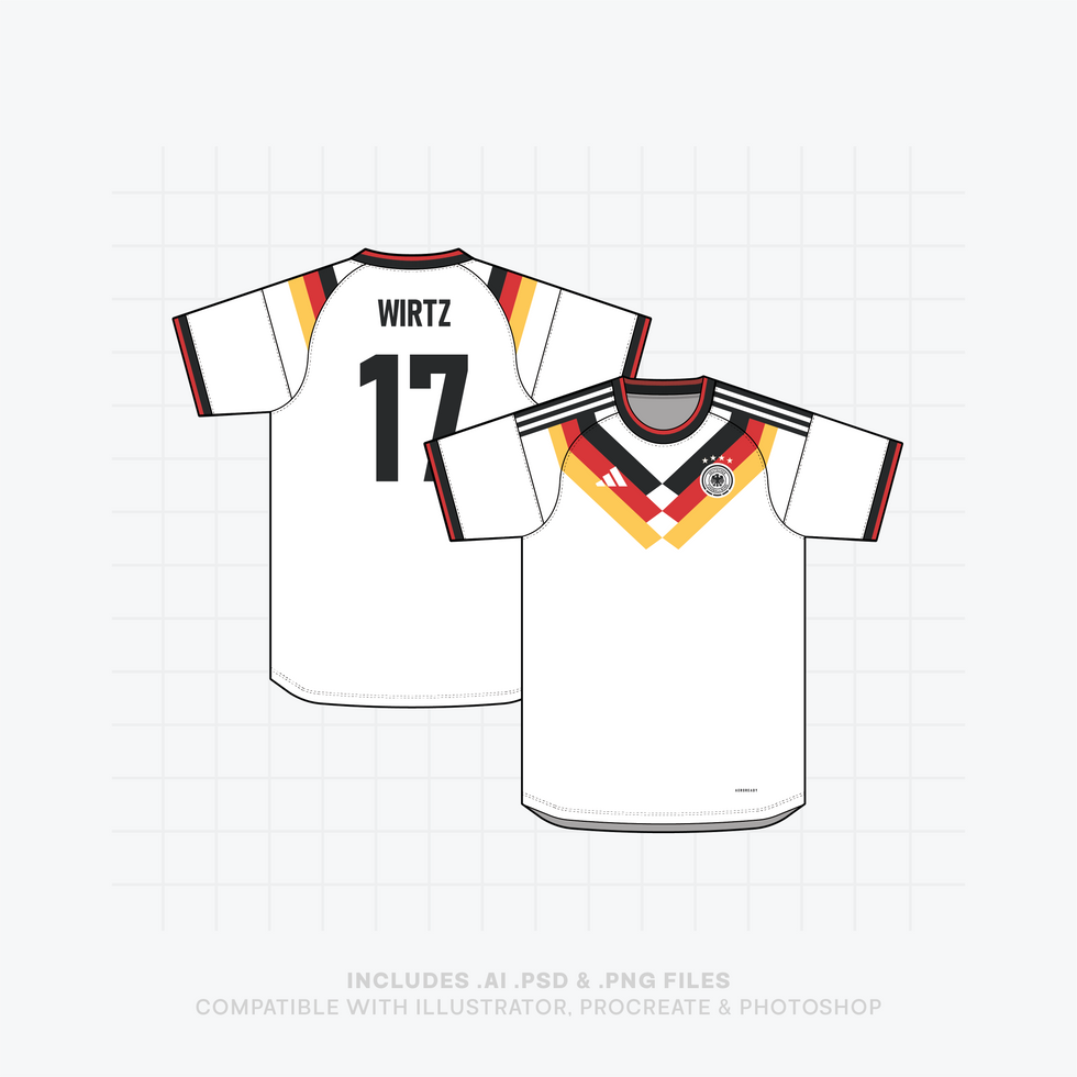 High-quality mockup of a white Germany-inspired soccer jersey showcasing a black, red, and yellow geometric chest design