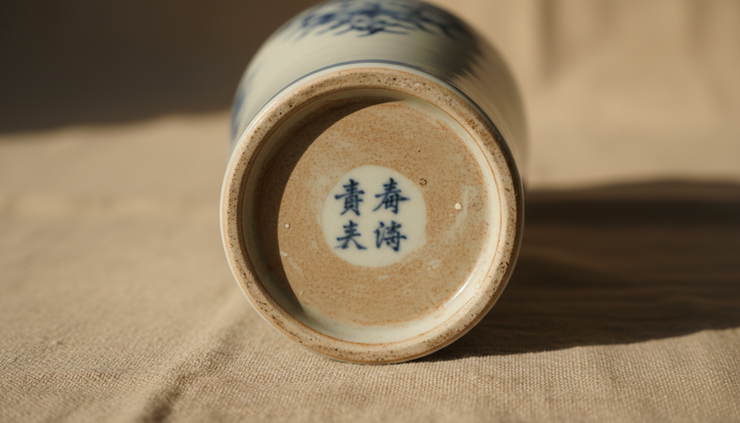 Close-up view of a porcelain vase base with a blue reign-style mark.
