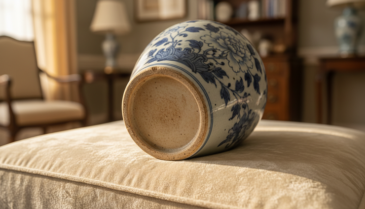 Eye-level view of a porcelain jar with worn foot ring and soft glaze edge.