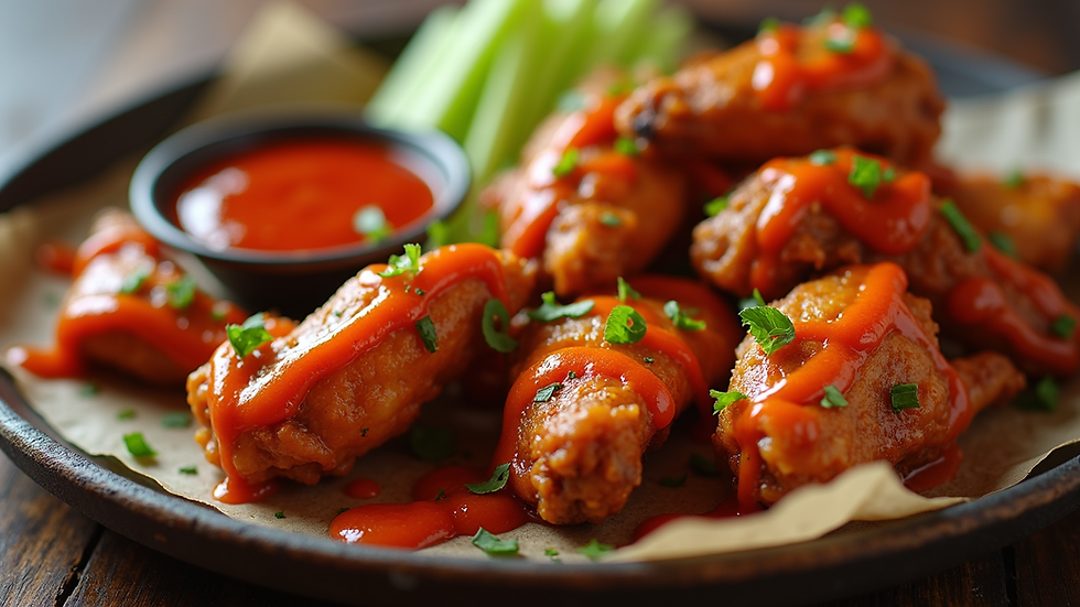High angle view of a spicy chicken wing platter with ghost pepper sauce drizzle