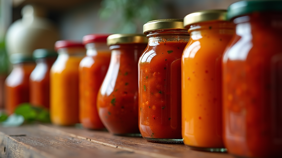 Close-up view of a variety of colourful spicy sauces in glass jars