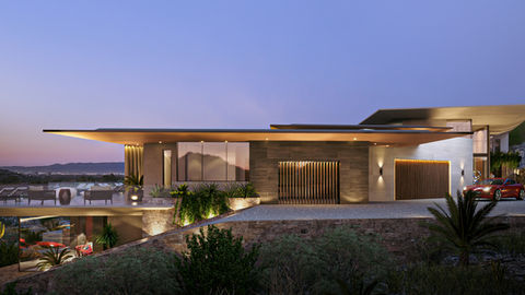 Modern hillside home architecture at dusk