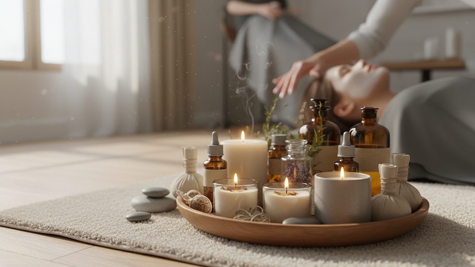 Close-up view of massage oils and aromatherapy candles on a wooden tray